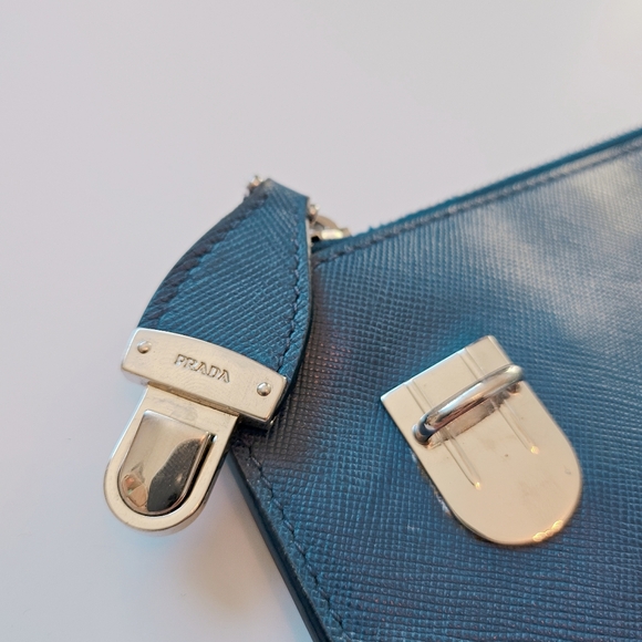 PRADA Saffiano Leather Blue Zip Clutch Pouch Bag Silver Hardware - Picture 12 of 14